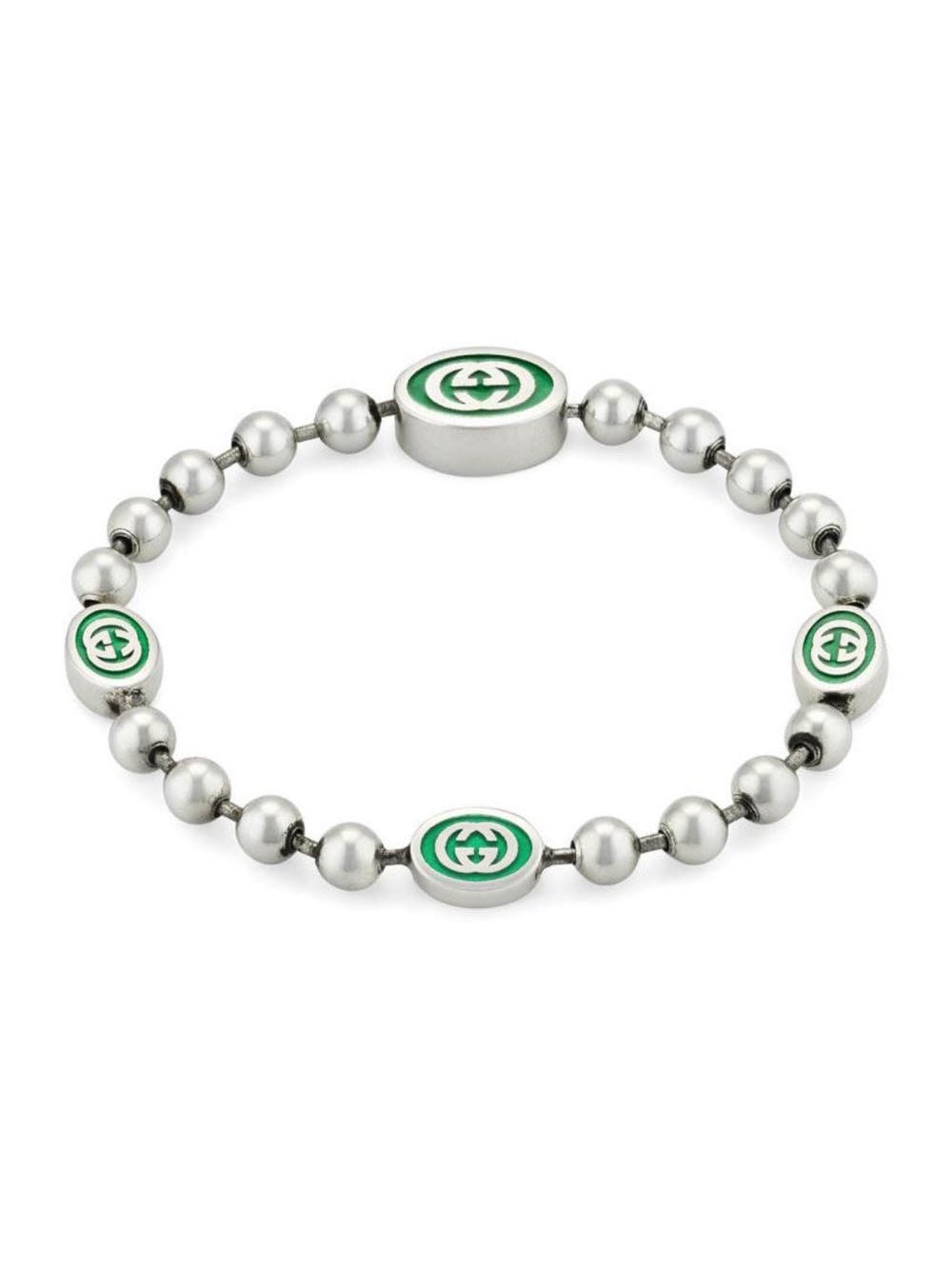 Gucci Silver-Tone Beaded Bracelet with Green Enamel Logos
